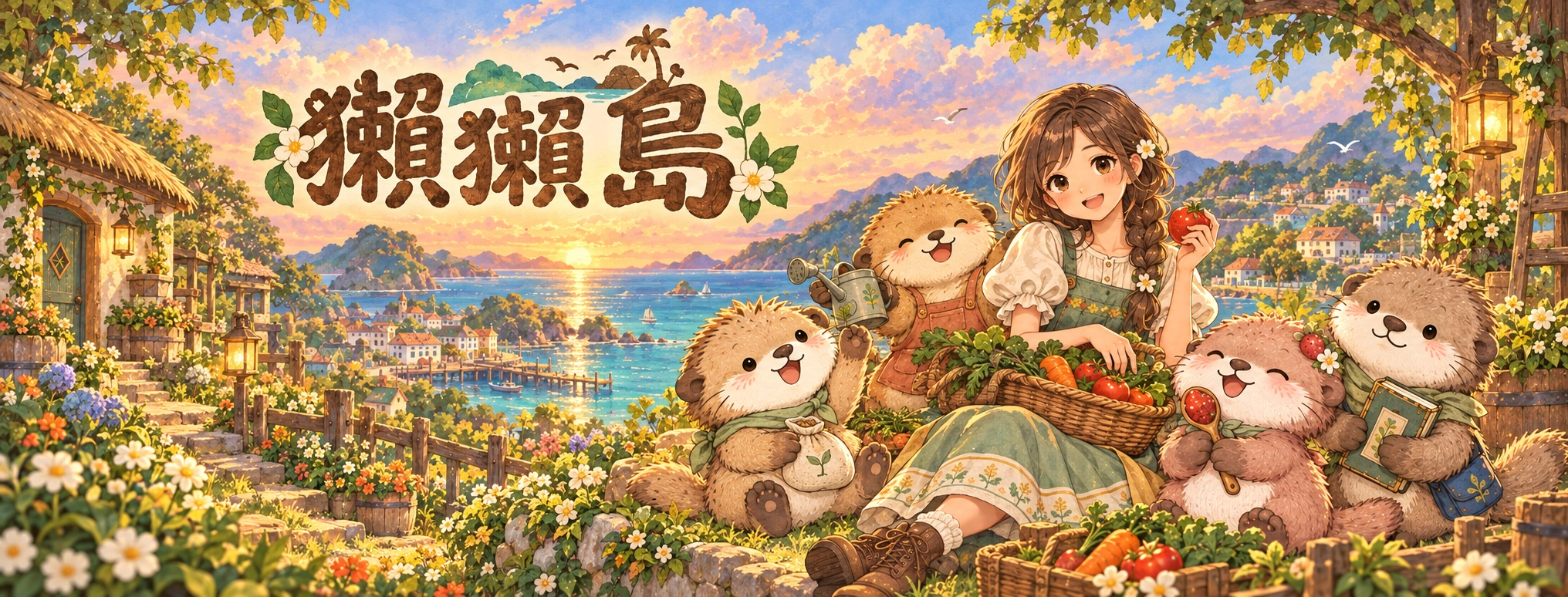 暖陽下的人類主角與阿圓、小麥、莓莓、芝麻，在海島花園分享收成